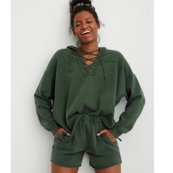 NWT Aerie Lace-Up Sweatshirt Hoodie Green Size S - Picture 3 of 9